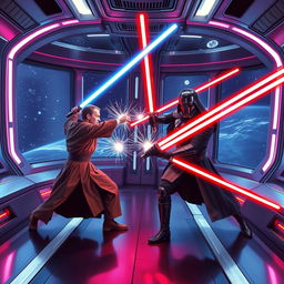 An intense lightsaber duel in the Star Wars universe, set on a futuristic space station with sleek metallic surfaces and vibrant neon lights