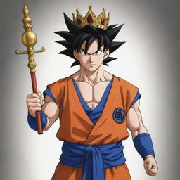 Goku from Dragon Ball Z, dressed in a majestic royal attire, complete with a crown, scepter, and royal robes.