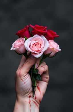 A close-up of a hand gripping five beautifully detailed roses, each with thorny stems