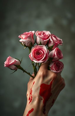 A close-up of a hand gripping five beautifully detailed roses, each with thorny stems