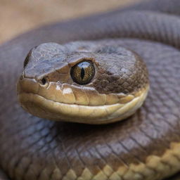 A close-up of a snake's head, showcasing its detailed scales, flared nostrils, and piercing eyes.