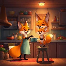 In a joyful evening setting inside a cozy kitchen, an orange mother fox and her adorable orange baby fox are happily cooking together