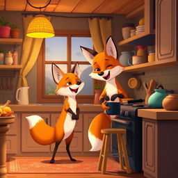 In a joyful evening setting inside a cozy kitchen, an orange mother fox and her adorable orange baby fox are happily cooking together