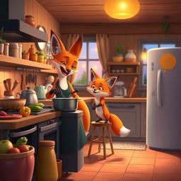 In a joyful evening setting inside a cozy kitchen, an orange mother fox and her adorable orange baby fox are happily cooking together