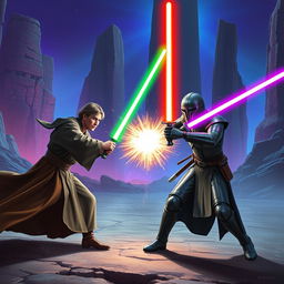 A thrilling lightsaber battle between two Jedi Knights set in a dramatic arena on a distant planet