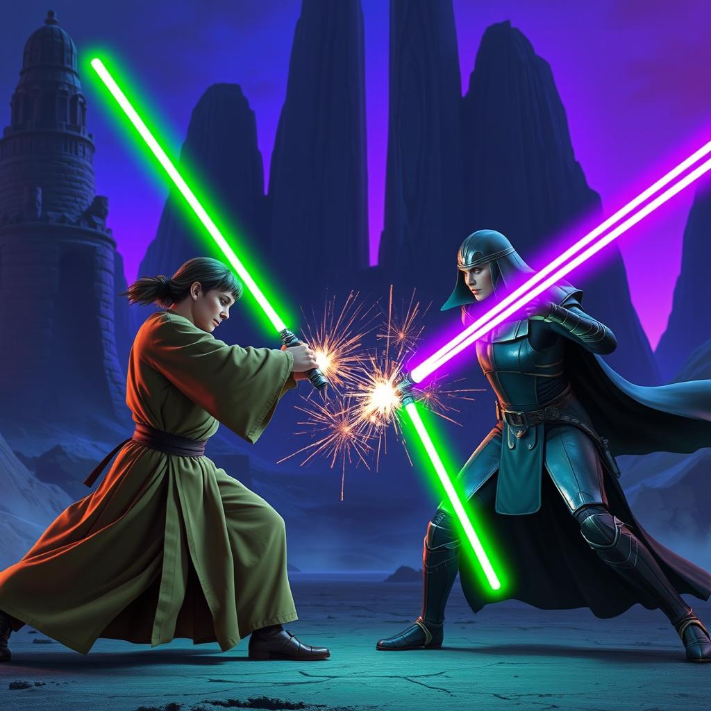 A thrilling lightsaber battle between two Jedi Knights set in a dramatic arena on a distant planet