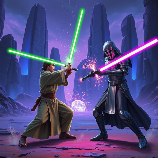 A thrilling lightsaber battle between two Jedi Knights set in a dramatic arena on a distant planet