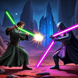 A thrilling lightsaber battle between two Jedi Knights set in a dramatic arena on a distant planet