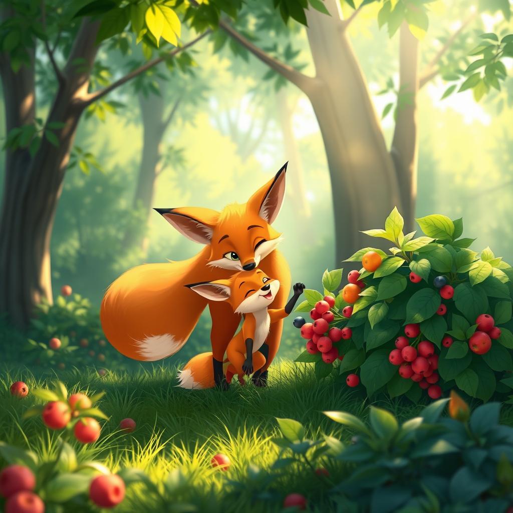 In a bright morning scene, an orange mother fox and her adorable orange baby fox are joyfully picking fruits in a lush forest