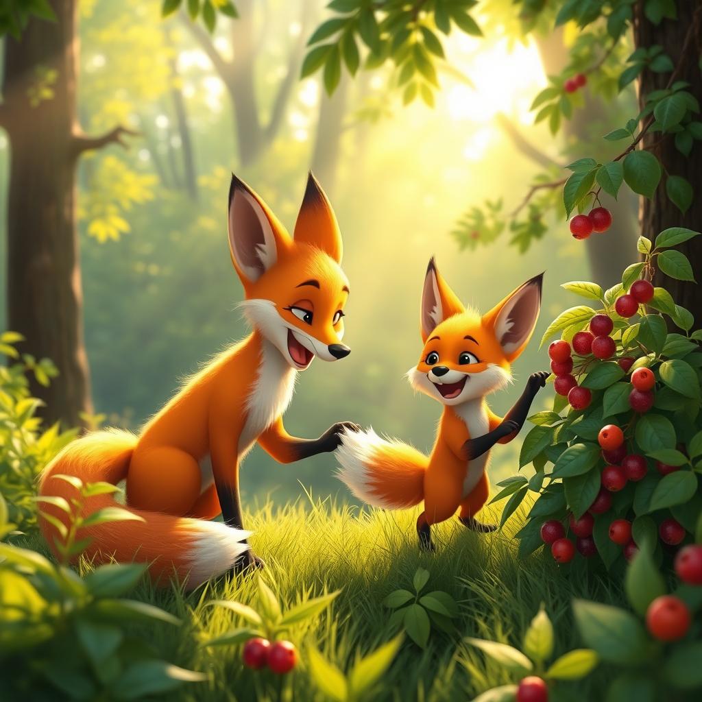 In a bright morning scene, an orange mother fox and her adorable orange baby fox are joyfully picking fruits in a lush forest