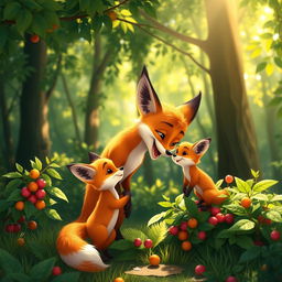 In a bright morning scene, an orange mother fox and her adorable orange baby fox are joyfully picking fruits in a lush forest