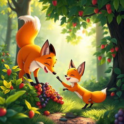 In a bright morning scene, an orange mother fox and her adorable orange baby fox are joyfully picking fruits in a lush forest