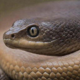 A close-up of a snake's head, showcasing its detailed scales, flared nostrils, and piercing eyes.