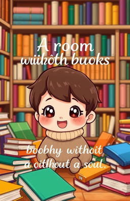 A cute chibi character with a cheerful expression, surrounded by colorful books scattered around