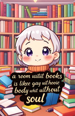 A cute chibi character with a cheerful expression, surrounded by colorful books scattered around