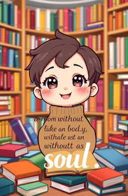 A cute chibi character with a cheerful expression, surrounded by colorful books scattered around