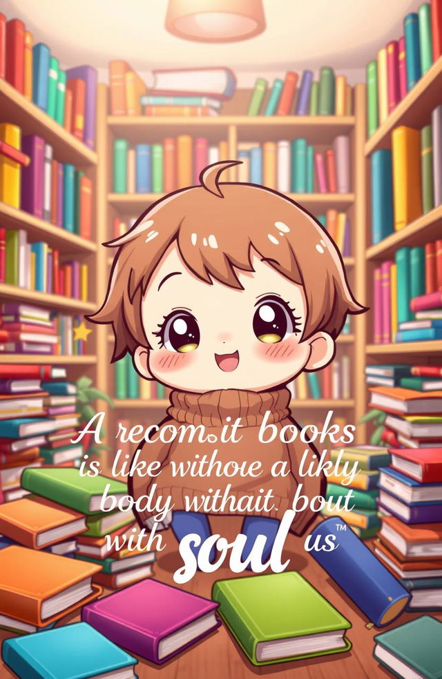 A cute chibi character with a cheerful expression, surrounded by colorful books scattered around