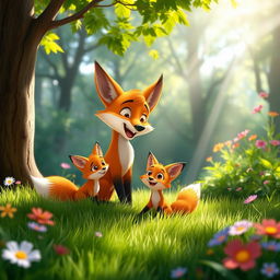 In a bright morning scene, an orange mother fox and her adorable orange baby fox are sitting together on the lush green grass in a vibrant forest