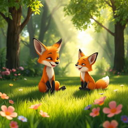 In a bright morning scene, an orange mother fox and her adorable orange baby fox are sitting together on the lush green grass in a vibrant forest