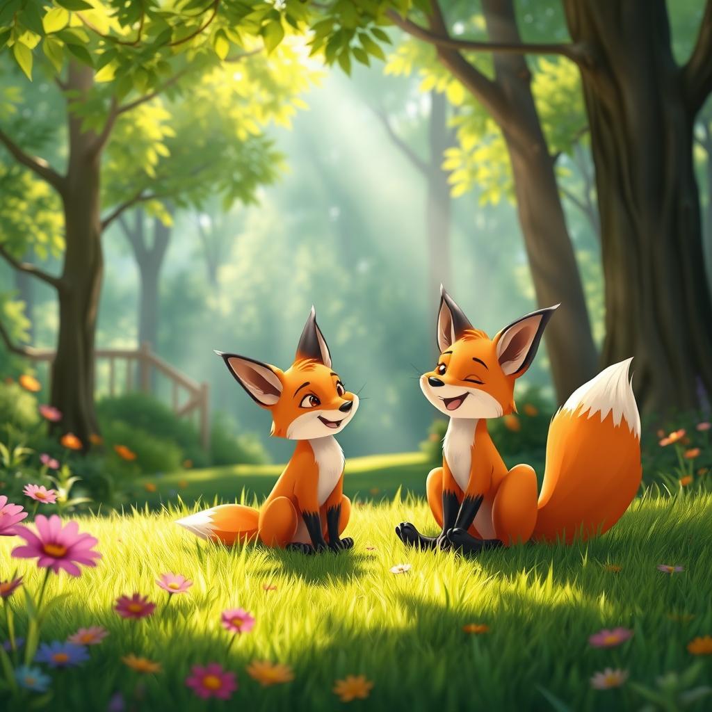 In a bright morning scene, an orange mother fox and her adorable orange baby fox are sitting together on the lush green grass in a vibrant forest