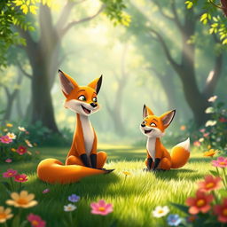 In a bright morning scene, an orange mother fox and her adorable orange baby fox are sitting together on the lush green grass in a vibrant forest