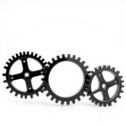 Three black 3D gear wheels, intricately designed and interlocked, placed prominently against a pristine white background