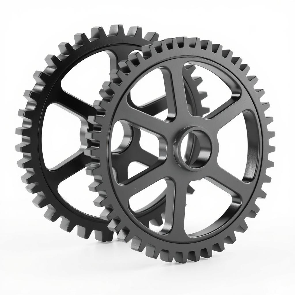 Three black 3D gear wheels, intricately designed and interlocked, placed prominently against a pristine white background