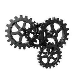 Three black 3D gear wheels, intricately designed and interlocked, placed prominently against a pristine white background