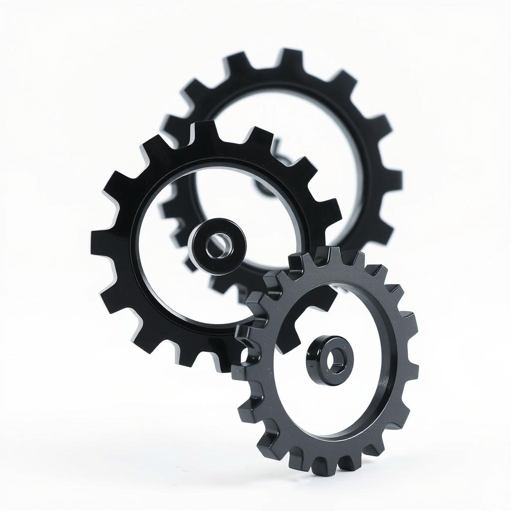 Three black 3D gear wheels, intricately designed and interlocked, placed prominently against a pristine white background