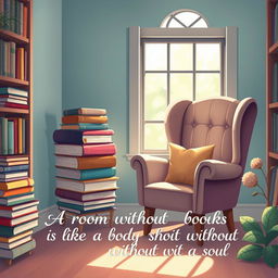 An enchanting illustration of a tranquil reading nook, featuring a stack of colorful books and a plush armchair