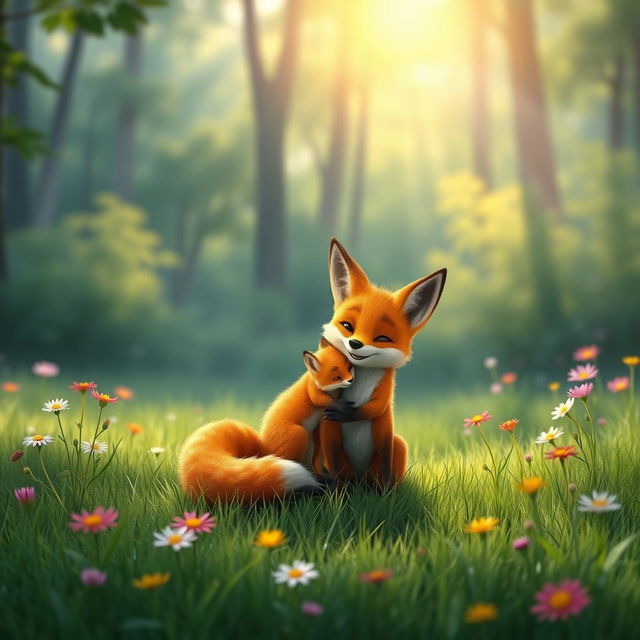 In a lovely morning scene, an orange mother fox and her adorable orange baby fox are sitting together on a lush green meadow in the forest