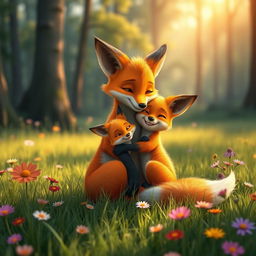 In a lovely morning scene, an orange mother fox and her adorable orange baby fox are sitting together on a lush green meadow in the forest