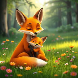 In a lovely morning scene, an orange mother fox and her adorable orange baby fox are sitting together on a lush green meadow in the forest