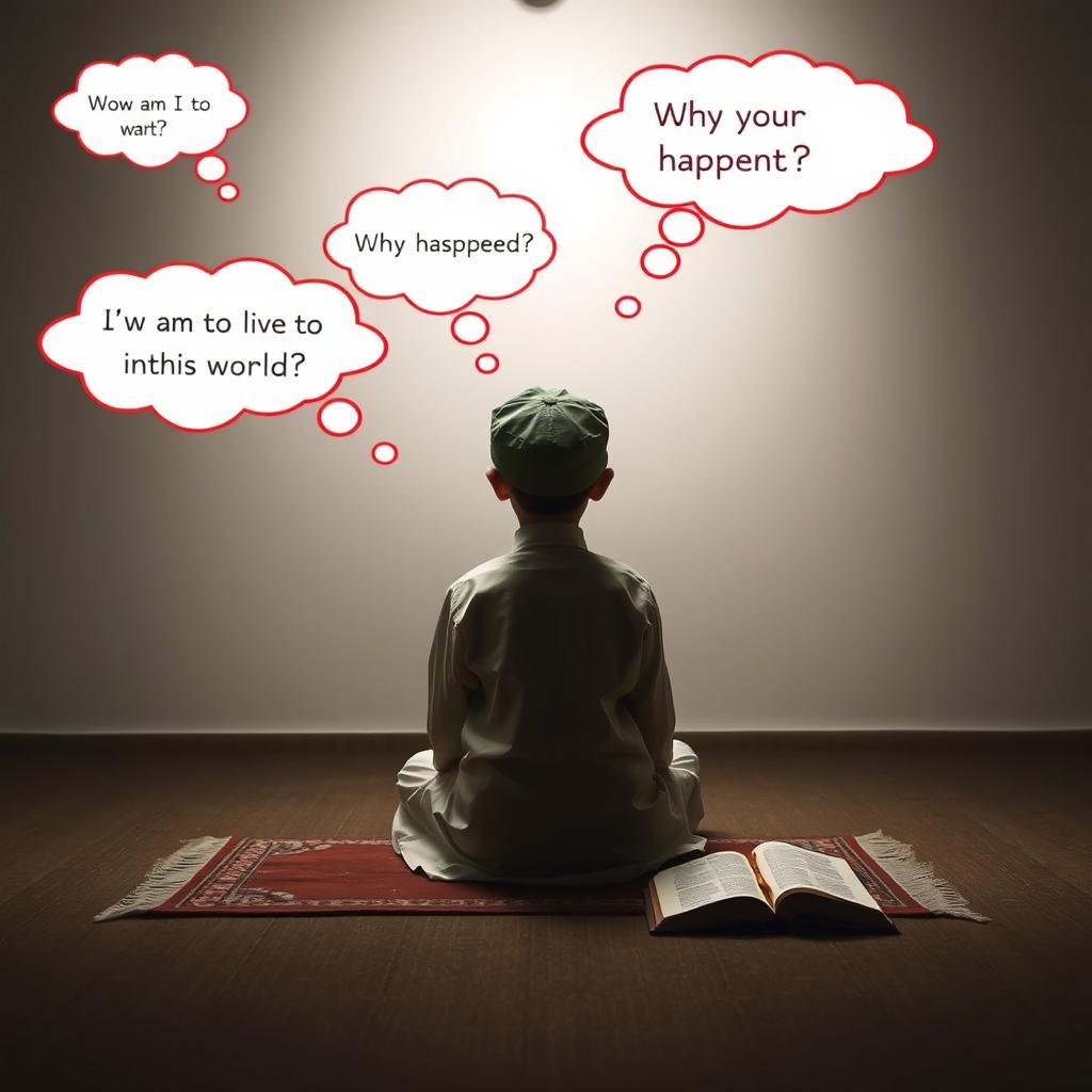 A young boy sitting cross-legged on a prayer mat, facing away, in a serene and minimalist setting