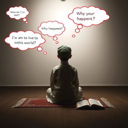 A young boy sitting cross-legged on a prayer mat, facing away, in a serene and minimalist setting