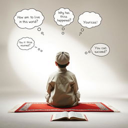 A young boy sitting cross-legged on a prayer mat, facing away, in a serene and minimalist setting