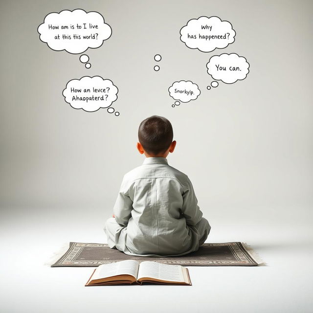 A young boy sitting cross-legged on a prayer mat, facing away, in a serene and minimalist setting