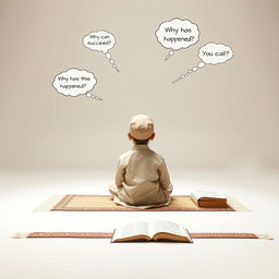 A young boy sitting cross-legged on a prayer mat, facing away, in a serene and minimalist setting