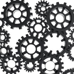 Multiple black 3D gear wheels, varying in size and intricately designed, arranged aesthetically against a clean white background