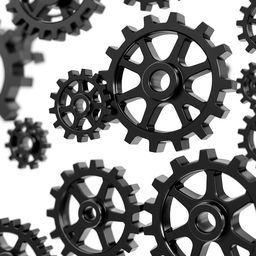 Multiple black 3D gear wheels, varying in size and intricately designed, arranged aesthetically against a clean white background