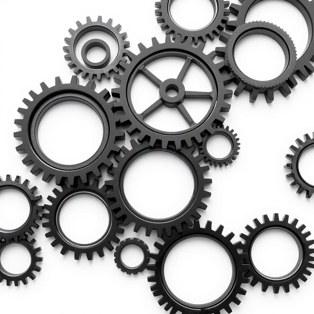 Multiple black 3D gear wheels, varying in size and intricately designed, arranged aesthetically against a clean white background