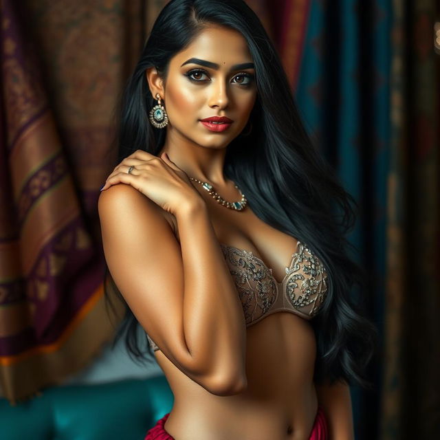 A stunning Indian woman posing confidently in a stylish bra, showcasing traditional Indian beauty and modern fashion