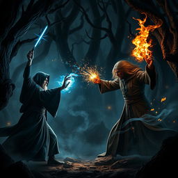 An intense magical duel in a dark, enchanted forest reminiscent of the Harry Potter universe, with two powerful wizards casting spells at each other