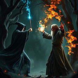 An intense magical duel in a dark, enchanted forest reminiscent of the Harry Potter universe, with two powerful wizards casting spells at each other