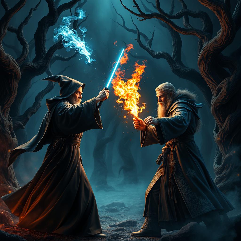 An intense magical duel in a dark, enchanted forest reminiscent of the Harry Potter universe, with two powerful wizards casting spells at each other