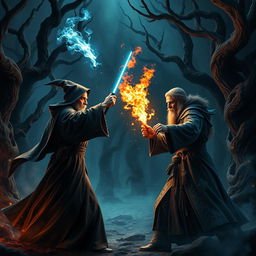 An intense magical duel in a dark, enchanted forest reminiscent of the Harry Potter universe, with two powerful wizards casting spells at each other