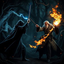 An intense magical duel in a dark, enchanted forest reminiscent of the Harry Potter universe, with two powerful wizards casting spells at each other