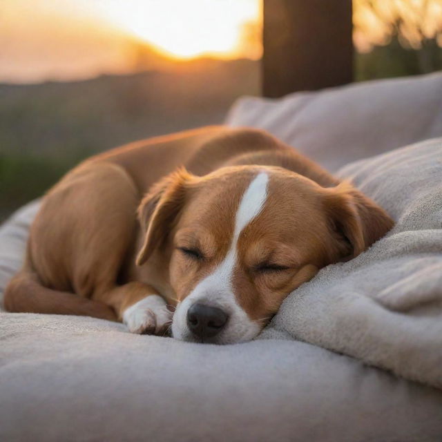 A cosy and tranquil scene of a dog sleeping peacefully, pleasantly curled up with a warm glow related to a setting sun