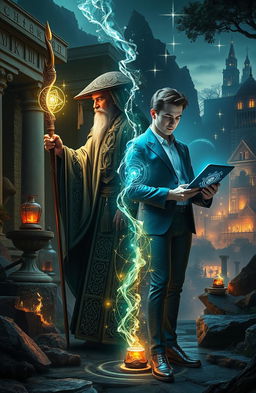 An artistic representation of an ancient sorcerer transforming into a modern mystic, showcasing the evolution of magical practices