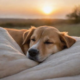 A cosy and tranquil scene of a dog sleeping peacefully, pleasantly curled up with a warm glow related to a setting sun